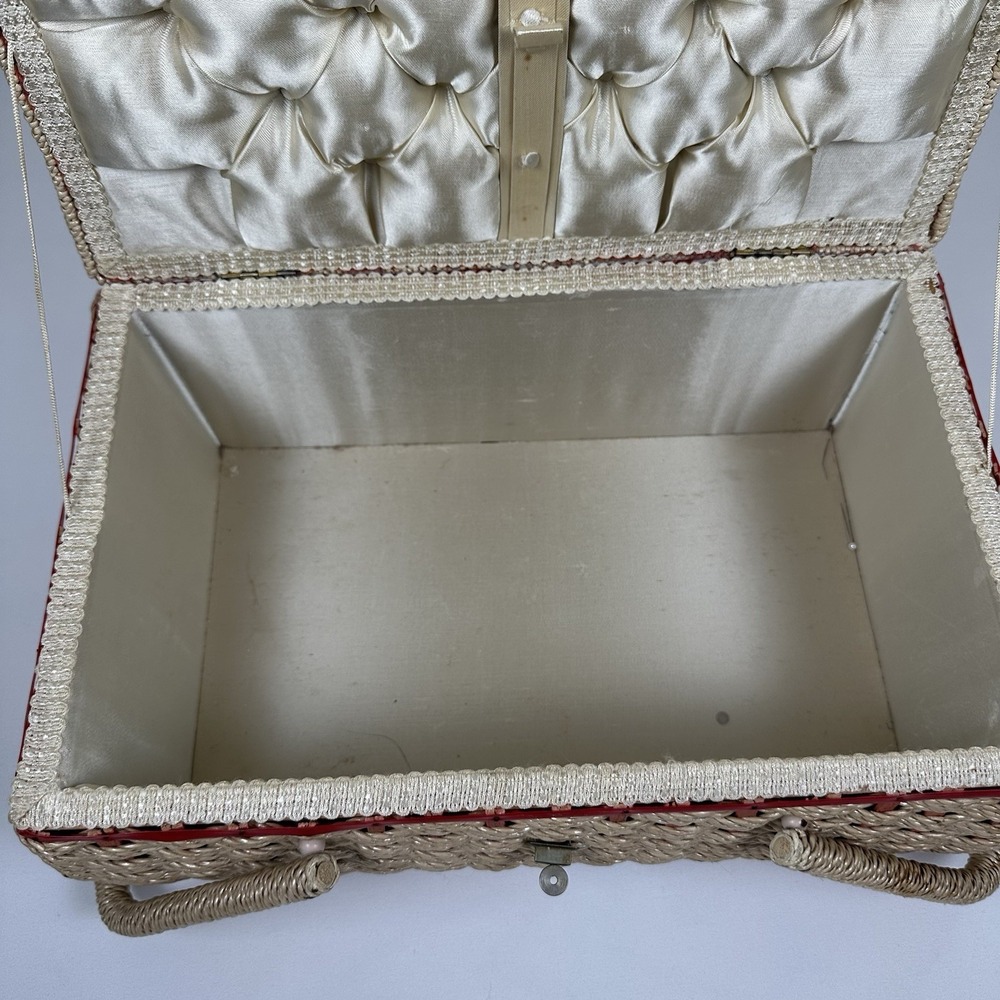 Vtg Japan Woven Wicker Sewing Basket Box Chenille Floral Lid Brass Latch - Picture 10 of 16